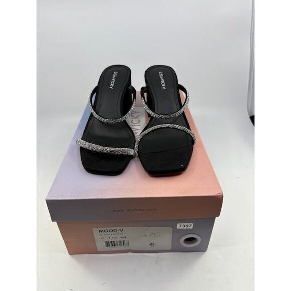 NEW Lisa Vicky Mood Pavé Block Heel Slide Sandals Crystal Strap Black Womens 8.5 - Picture 7 of 11